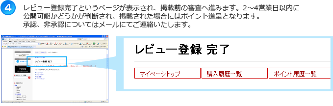 レビュー登録完了というページが表示され、掲載前の審査へ進みます。2～4営業日以内に公開可能かどうかが判断され、掲載された場合にはポイント進呈となります。